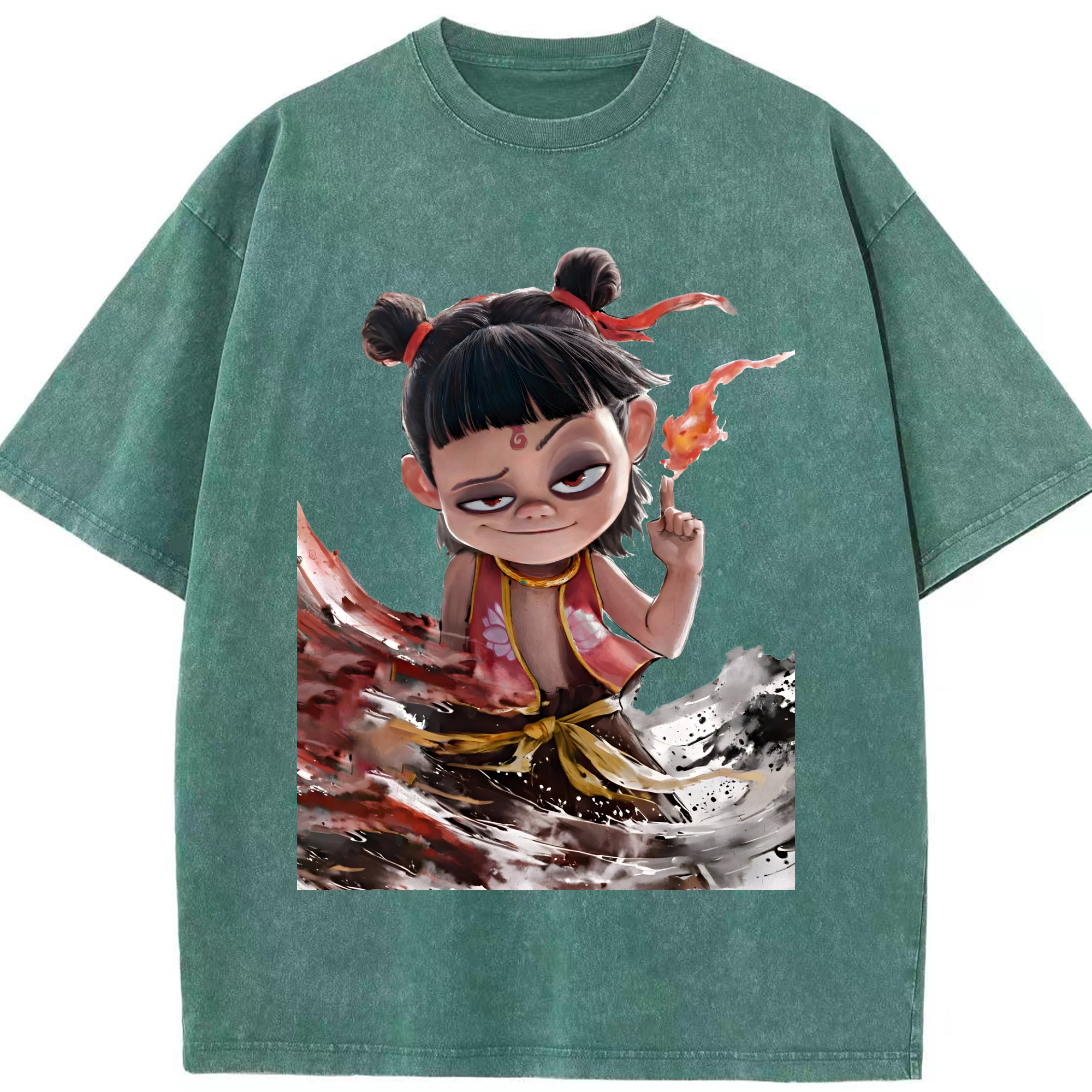 （画像用） Ne Zha 2 ナタ 魔童の大暴れ 綿100% ヴィンテージ風 半袖Tシャツ（フロントプリント）